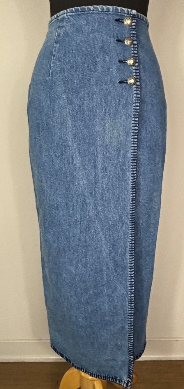VTG Ralph Lauren Country Denim Pencil Midi Skirt Western Whipstitch USA Made